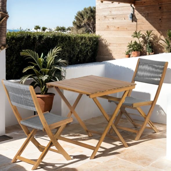 Ensemble repas BARI pliable 2 personnes bois et polyester gris