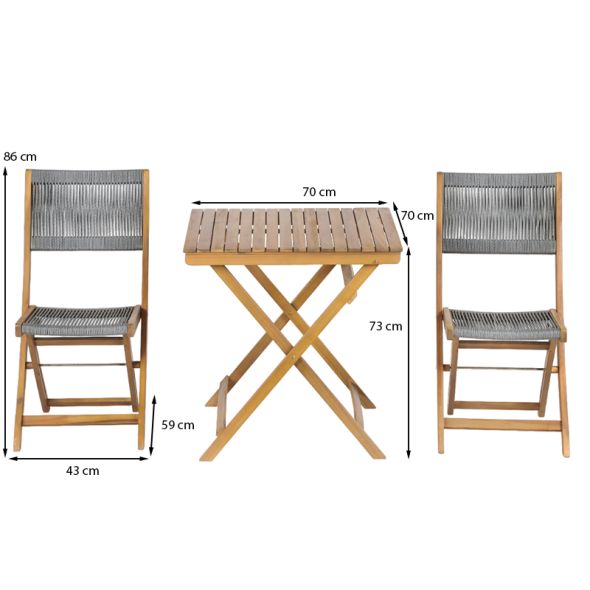 Ensemble repas BARI pliable 2 personnes bois et polyester gris