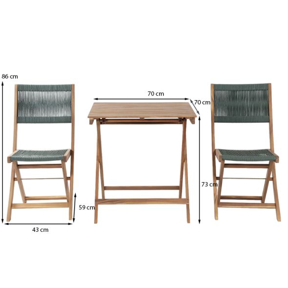 Ensemble repas BARI pliable 2 personnes bois et polyester vert olive
