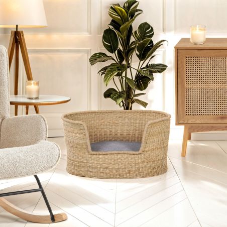 Panier rond ATLAS pour chien et chat en jonc de mer coussin gris