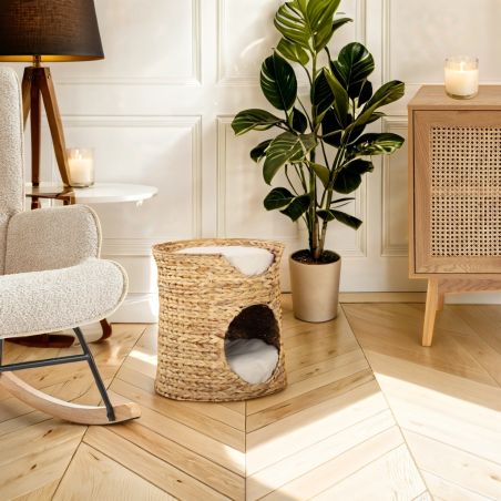 Panier rond CRONOS pour chat en jonc de mer coussins écru