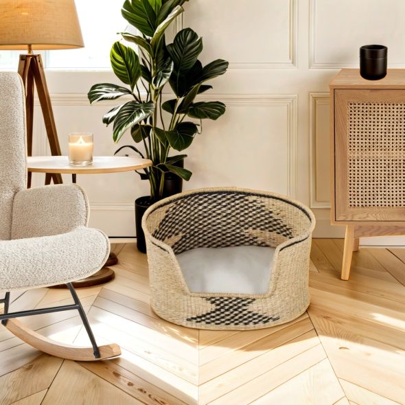 Panier ovale APOLLON pour chien et chat en jonc de mer coussin écru