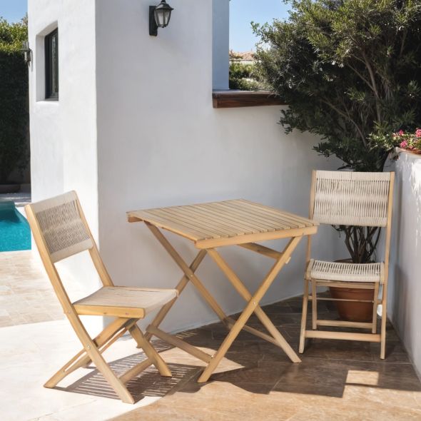 Ensemble repas AMILA 2 places en bois d'acacia blanchi FSC et corde beige