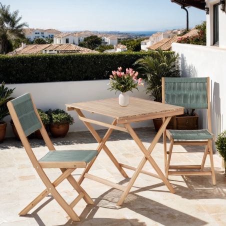 Ensemble repas AMILA 2 places en bois d'acacia et corde verte