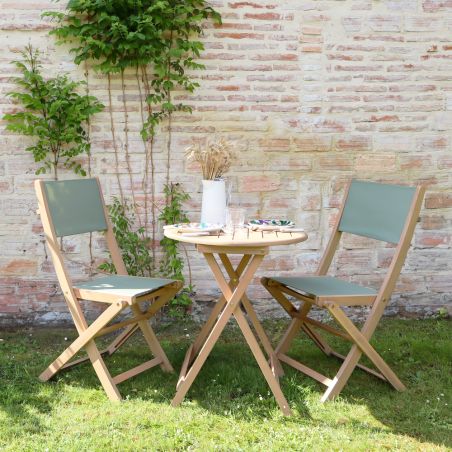 Ensemble table et chaises de jardin RIMINI en bois d'acia et textilène vert kaki