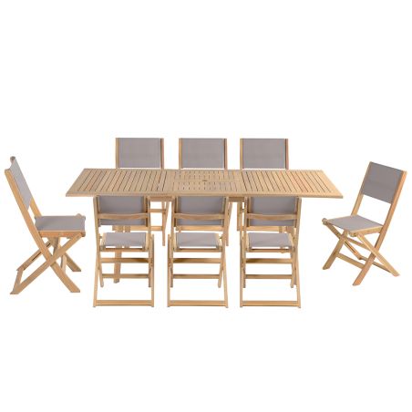 Ensemble table et 8 chaises MOLA 160/220cm bois d'acacia et textilène