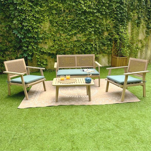 Salon de jardin MATA 4 places en bois d'acacia blanchi FSC coussins vert anglais