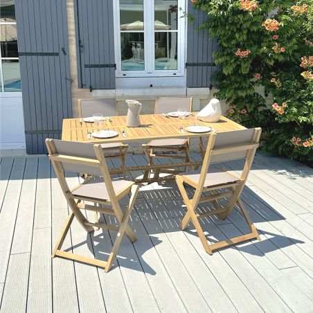 Ensemble table et chaises de jardin RIMINI 4 places en bois d'acacia et textilène taupe