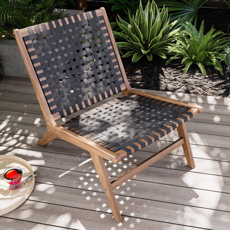 Fauteuil lounge HAZEL résine tressée NOIRE structutre en bois acacia